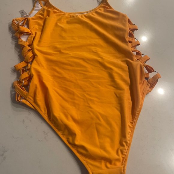 Mustard / Yellow Crisscross Lace Up Slimming One Piece Swimsuit - Picture 4 of 13